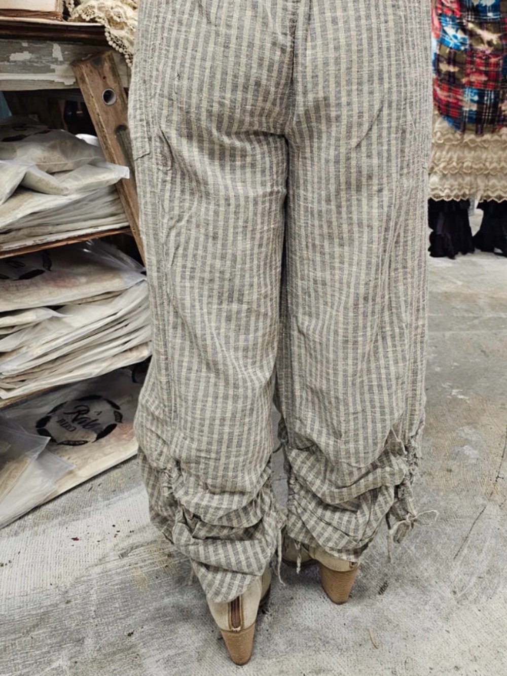 A Rare Bird ONE SIZE Striped Navy/Tan Peek-A- Boo Drawstring Hem Pants - Picture 2 of 3